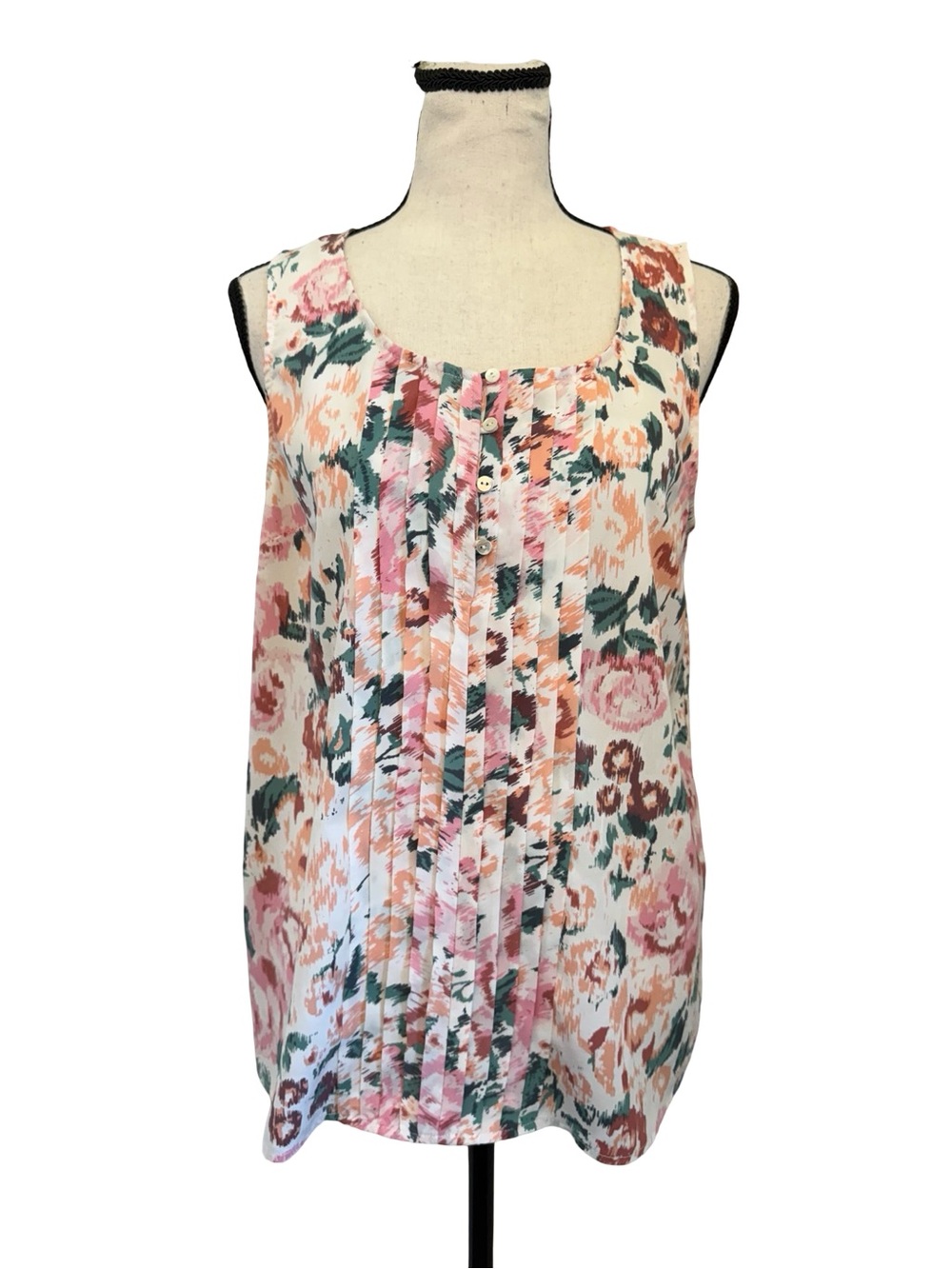 Under Skies Floral Pleated Tank Top Size Small Pink Peach Sleeveless Blouse